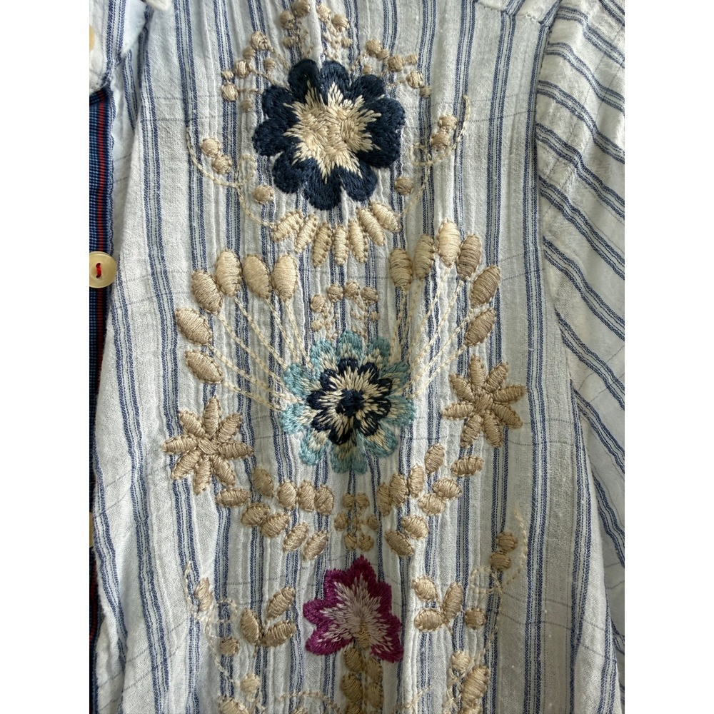 Johnny Was 3J Workshop Blue Striped Floral Embroidered Shirt XS Boho Whimsical - Picture 6 of 10